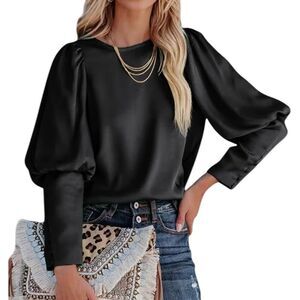Women’s SZ Large Black Satin Blouse Puff French Cuff Sleeves Modest Elegant Chic